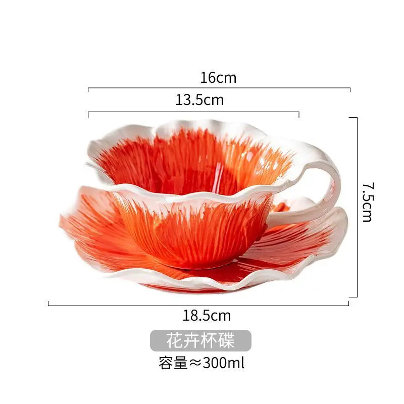 Caneca de Cerâmica Floral Pintada à Mão 300ml | Com Pires