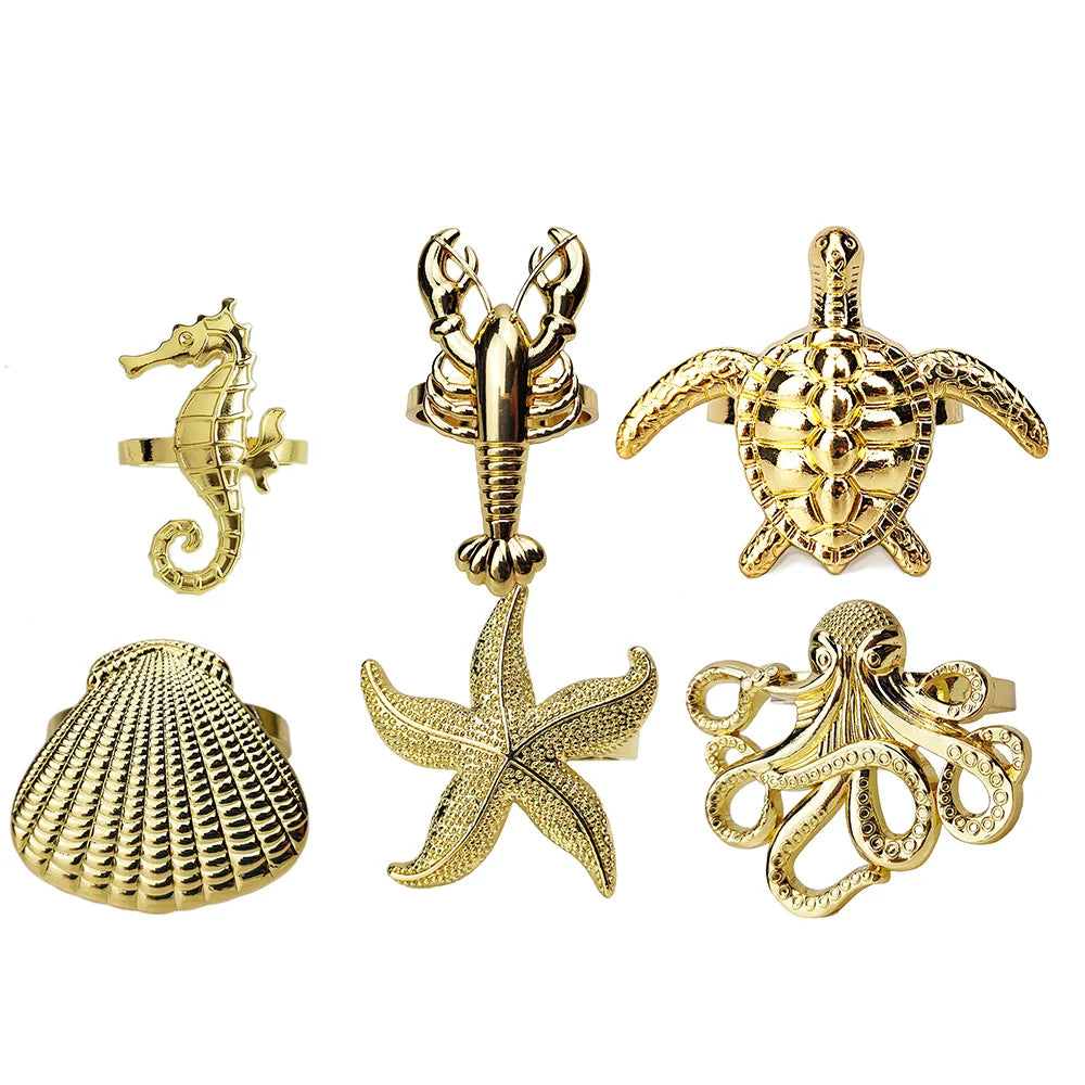 Criaturas do mar costeiro guardanapo de metal anéis 6 pçs azul náutico guardanapo suportes para casa decoração mesa jantar banqu