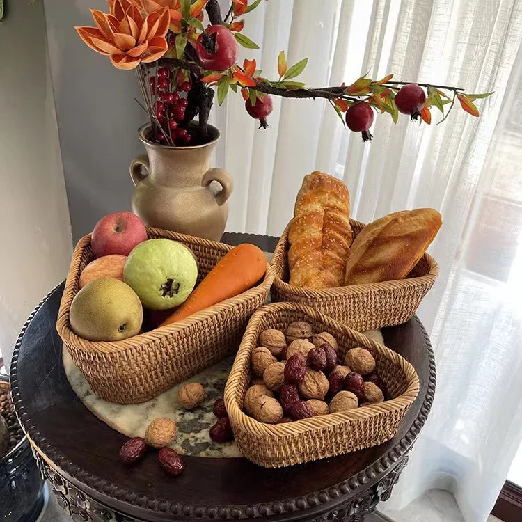 Cesta de vime retangular tecida à mão, frutas, chá, lanche, pão, piquenique, caixa de armazenamento de cosméticos, suprimentos de cozinha, ferramentas domésticas