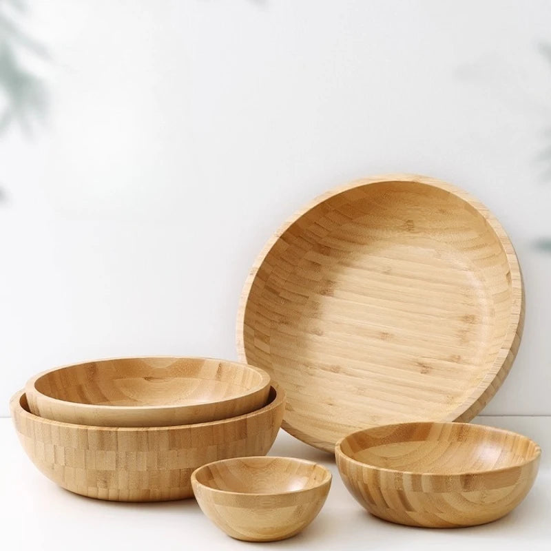 Tigela de bambu natural grande casa tigela de salada de frutas e vegetais tigela de mistura de massa de madeira talheres de madeira tigela de macarrão