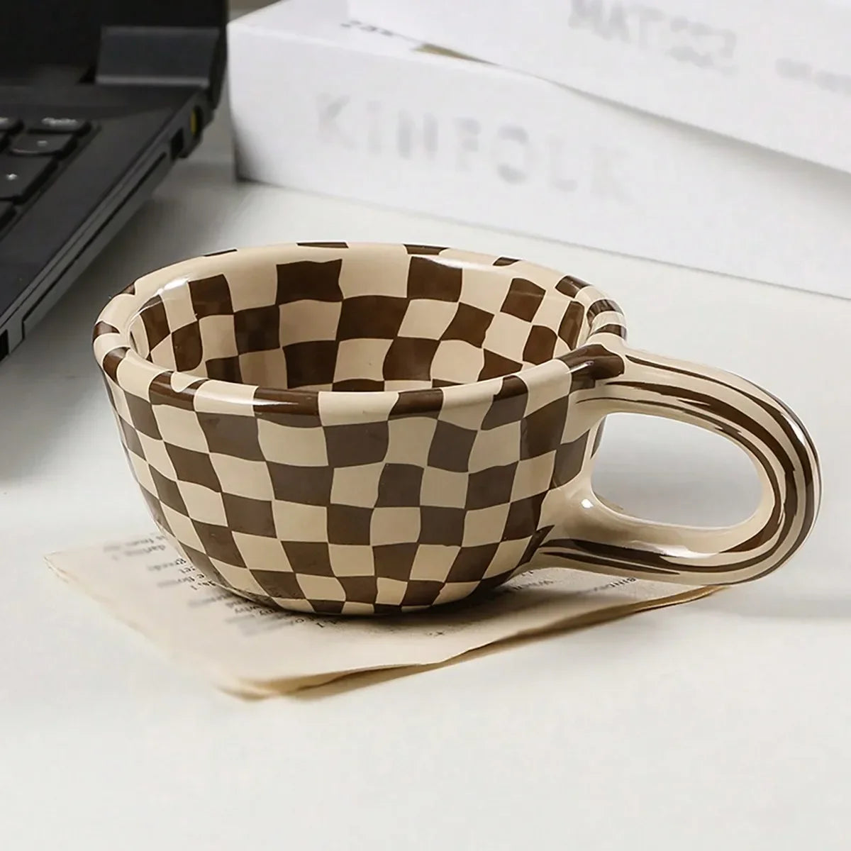 1pc criativo cerâmica xadrez padrão xícara de chá, xícara de café xadrez irregular