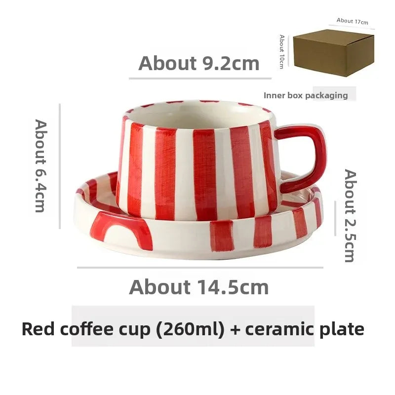 Conjunto de xícara de café cerâmica listrada criativa, para escritório, chá da tarde, latte fino, presente artesanal, combinação de xícara e prato