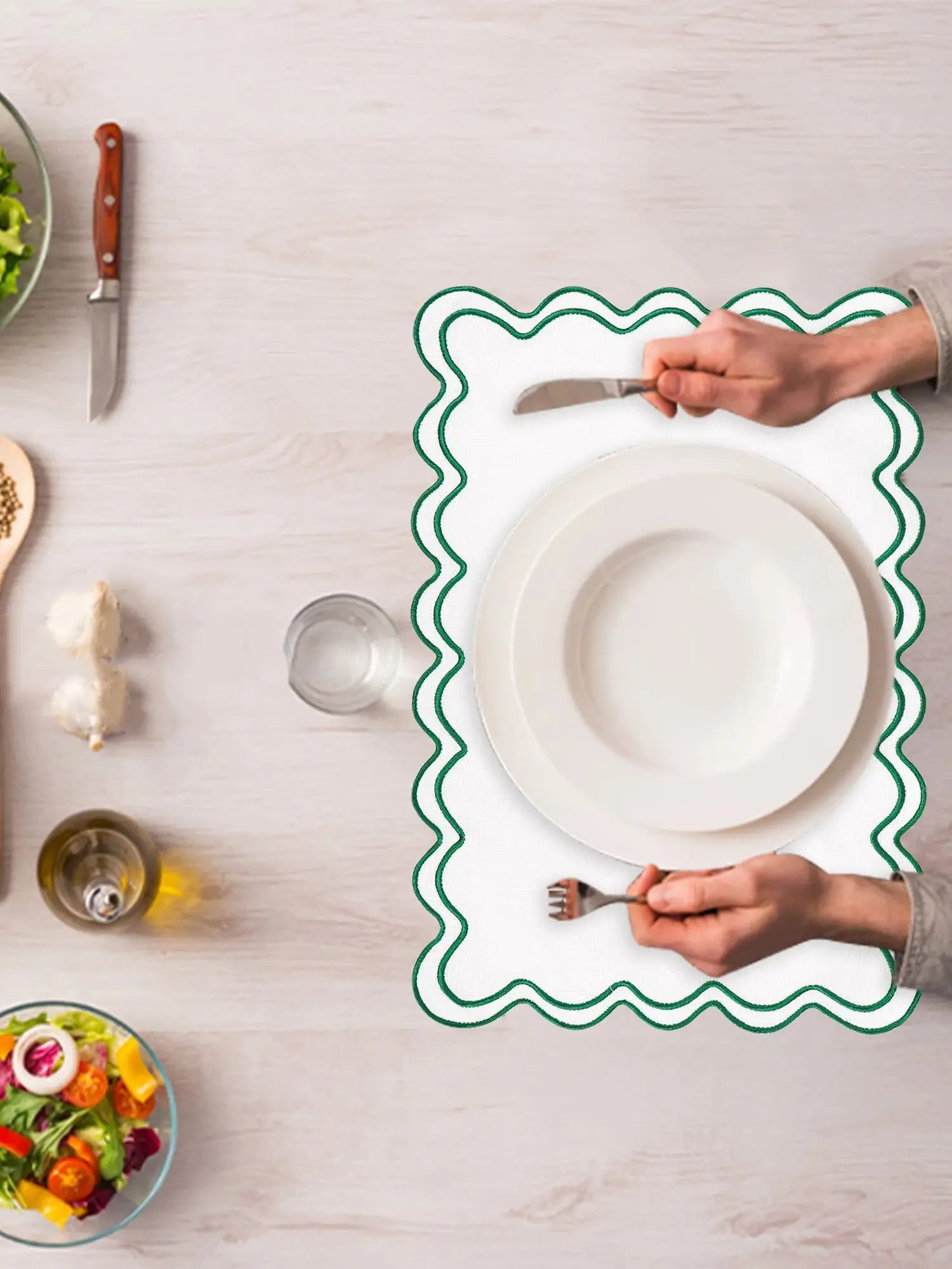 Conjuntos americanos de linho de algodão, conjunto de 6, 13 ''x 19'' bordados ondulados, placemats recortados, laváveis, rústicos, à prova d'água, para jantar