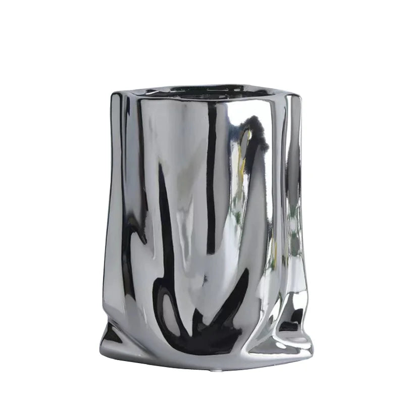 Prata ruffled flor vaso de cerâmica porcelana arranjo flor decoração saco forma terrário vasos decoração para casa