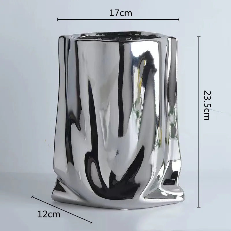 Prata ruffled flor vaso de cerâmica porcelana arranjo flor decoração saco forma terrário vasos decoração para casa