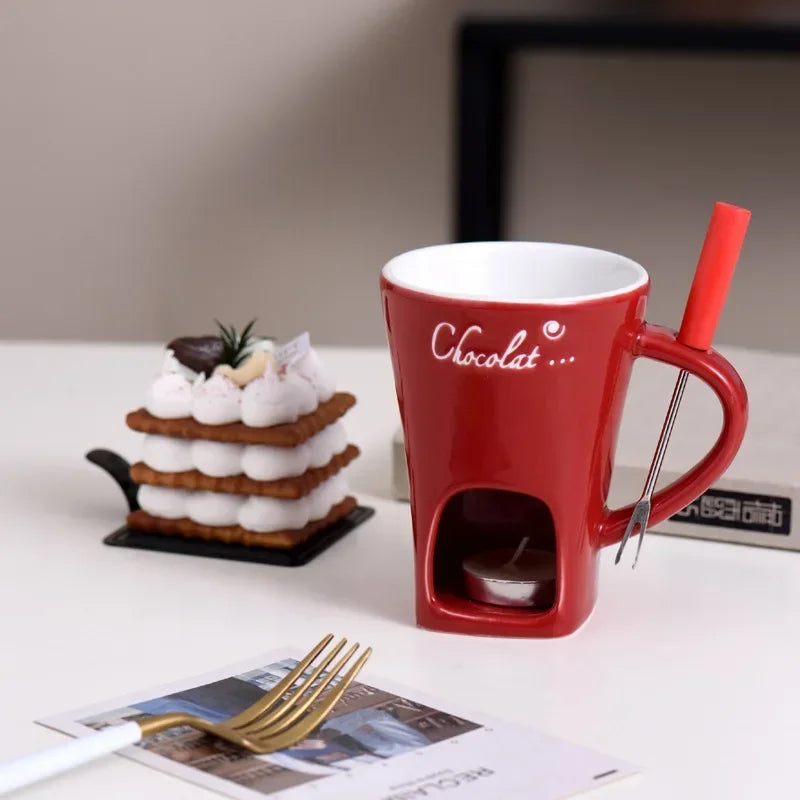130ml europeu vela copo queijo chocolate derretendo caneca de cerâmica aquecimento comida caneca cerâmica com garfo criativo caneca de café utensílios de mesa
