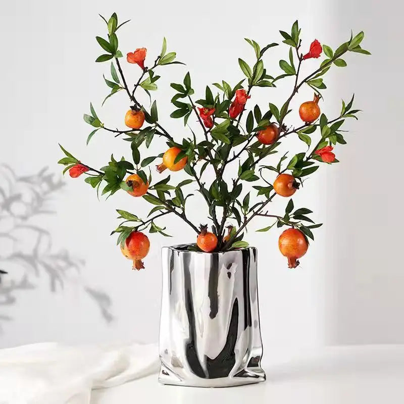 Prata ruffled flor vaso de cerâmica porcelana arranjo flor decoração saco forma terrário vasos decoração para casa