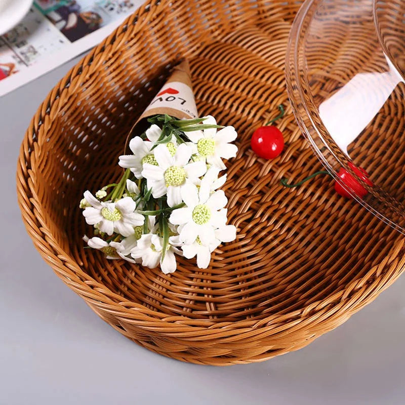Cesta de vime tecida cesta de pão com tampa acrílica cesta de frutas tecida de mesa com capa imitação de cesta de pão de rattan decoração