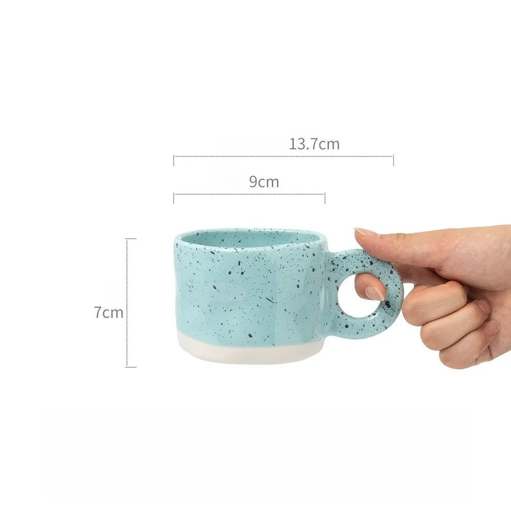 Caneca de cerâmica com tinta respingo irregular, alça artesanal, xícara de café, leite, casal, casa, escritório, decoração, punho de porcelana
