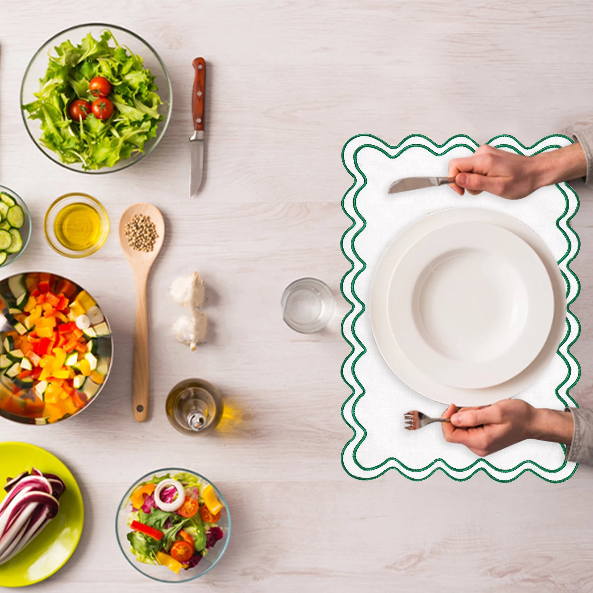 Conjuntos americanos de linho de algodão, conjunto de 6, 13 ''x 19'' bordados ondulados, placemats recortados, laváveis, rústicos, à prova d'água, para jantar