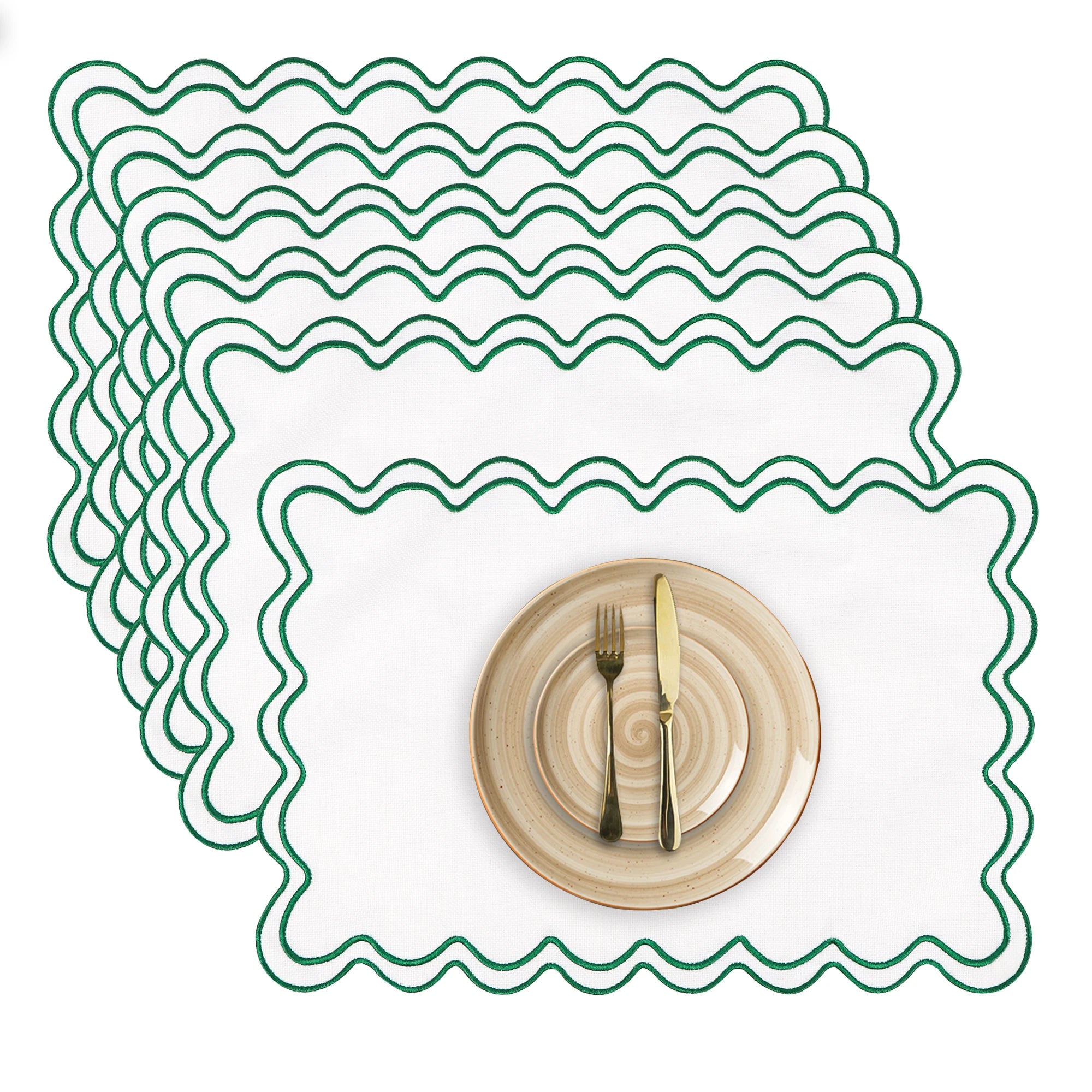 Conjuntos americanos de linho de algodão, conjunto de 6, 13 ''x 19'' bordados ondulados, placemats recortados, laváveis, rústicos, à prova d'água, para jantar