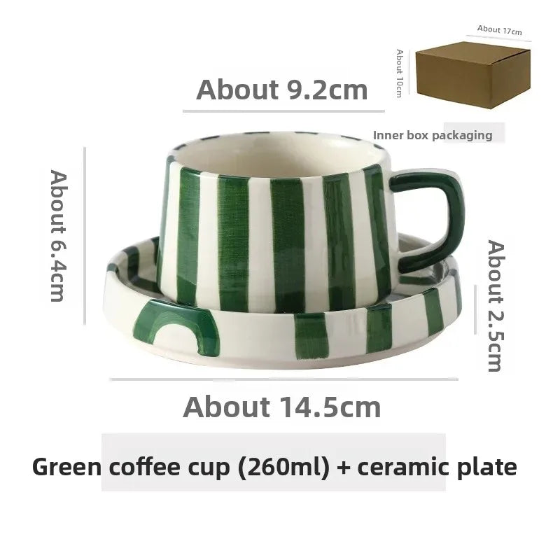 Conjunto de xícara de café cerâmica listrada criativa, para escritório, chá da tarde, latte fino, presente artesanal, combinação de xícara e prato