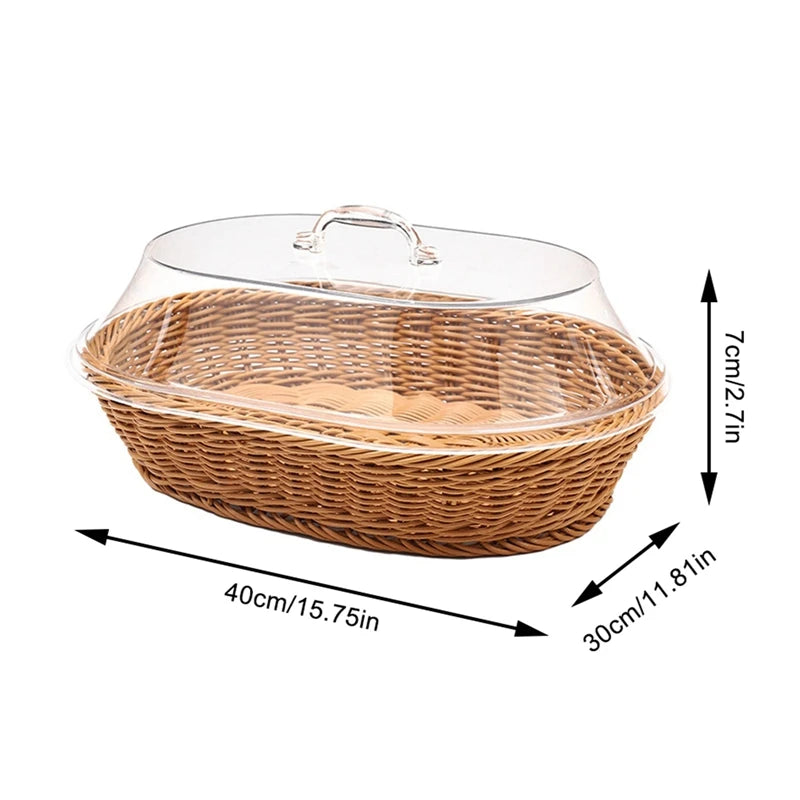 Cesta de vime tecida cesta de pão com tampa acrílica cesta de frutas tecida de mesa com capa imitação de cesta de pão de rattan decoração