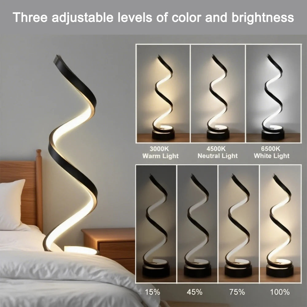 Candeeiro de mesa regulável em espiral LED adequado para sala de estar, quarto, estudo, brilho ajustável, lâmpada de cabeceira para escritório e uso doméstico