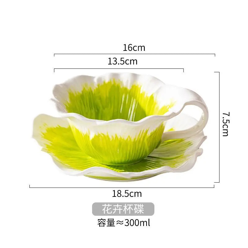 Caneca de Cerâmica Floral Pintada à Mão 300ml | Com Pires