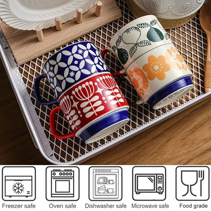 300ml japonês flor caneca de café conjunto retro cerâmica leite aveia caneca escritório água handgrip copo cozinha festa drinkware conjunto