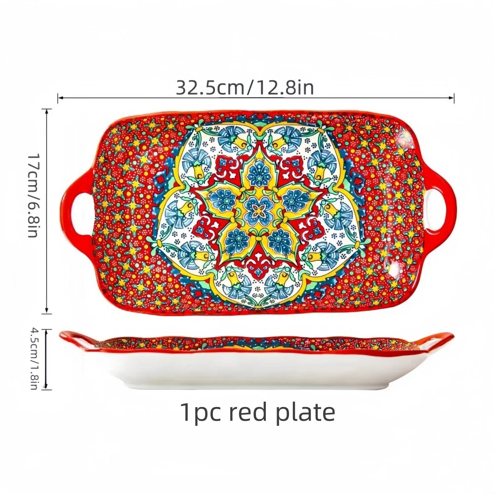 Prato de peixe de cerâmica estilo boêmio com alça: bandeja retangular de mesa de jantar de 12,8 polegadas, adequado para micro-ondas e forno, 1 peça