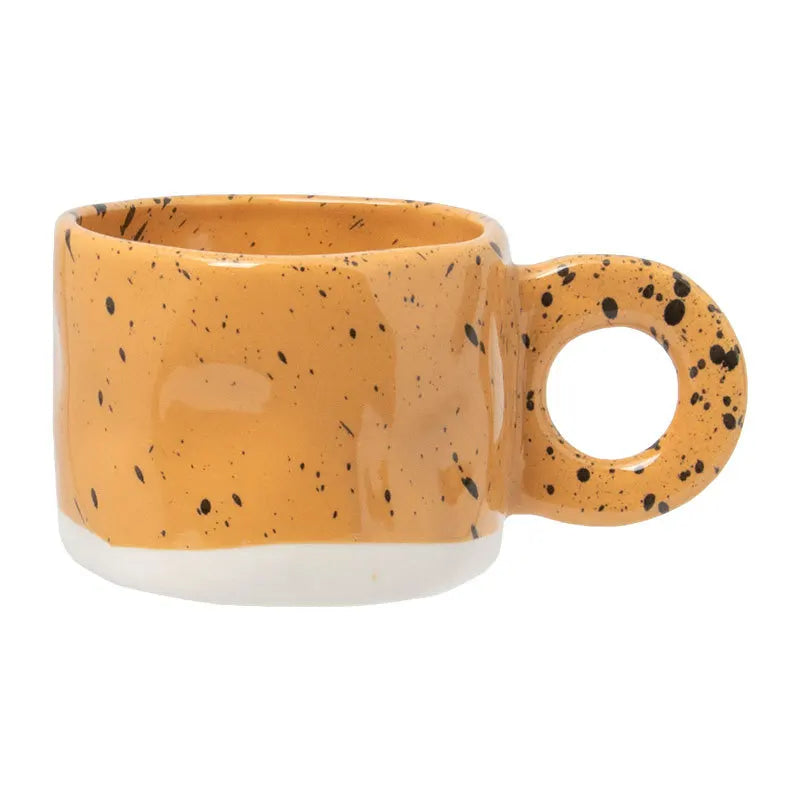 Caneca de cerâmica com tinta respingo irregular, alça artesanal, xícara de café, leite, casal, casa, escritório, decoração, punho de porcelana