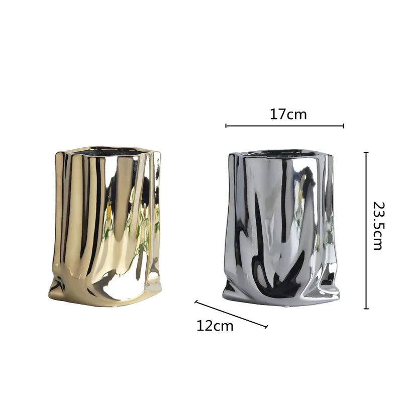 Prata ruffled flor vaso de cerâmica porcelana arranjo flor decoração saco forma terrário vasos decoração para casa