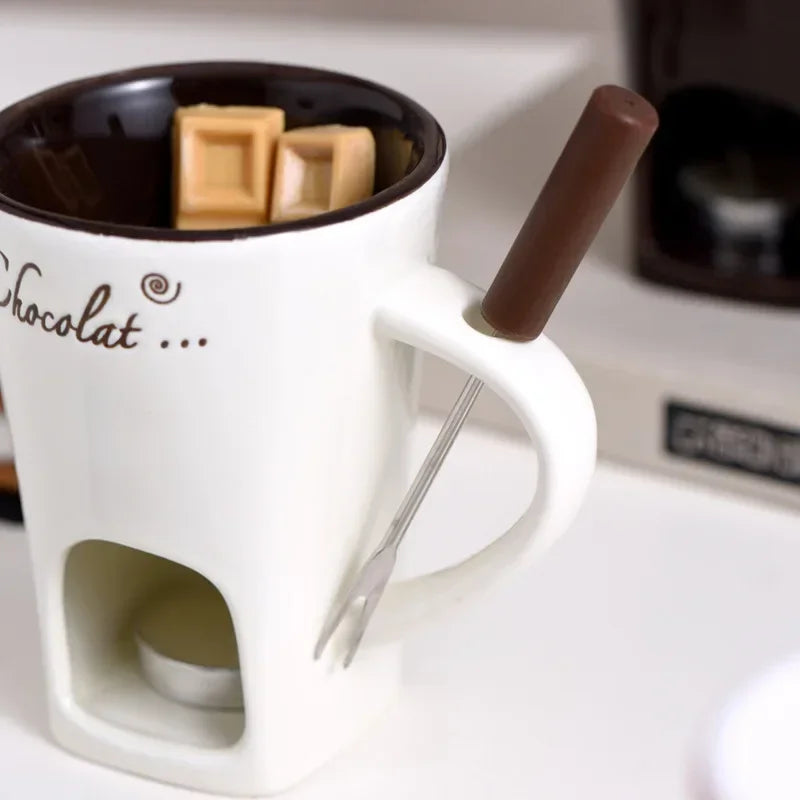130ml europeu vela copo queijo chocolate derretendo caneca de cerâmica aquecimento comida caneca cerâmica com garfo criativo caneca de café utensílios de mesa