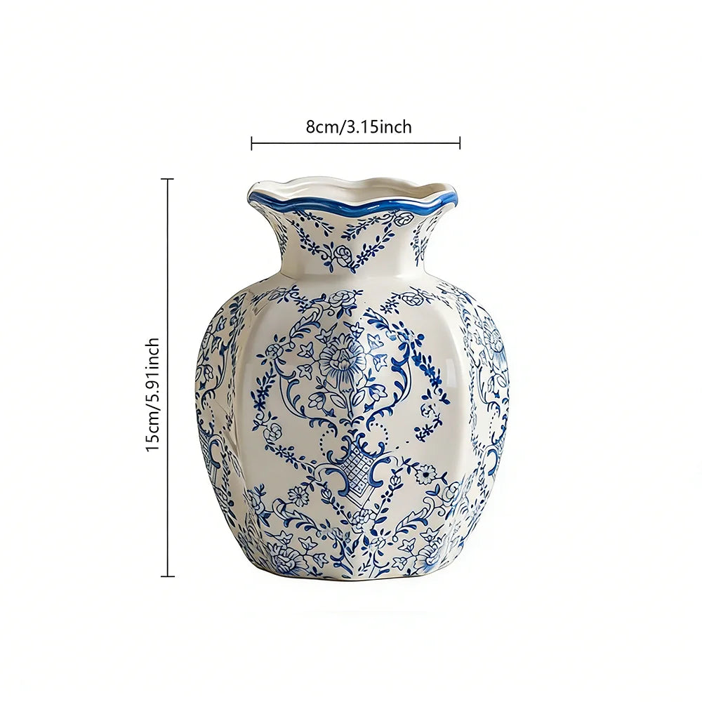 Vaso Cerâmico Clássico Azul e Branco, Vaso Pintado à Mão para Decoração de Casa, Arranjo de Flores na Mesa