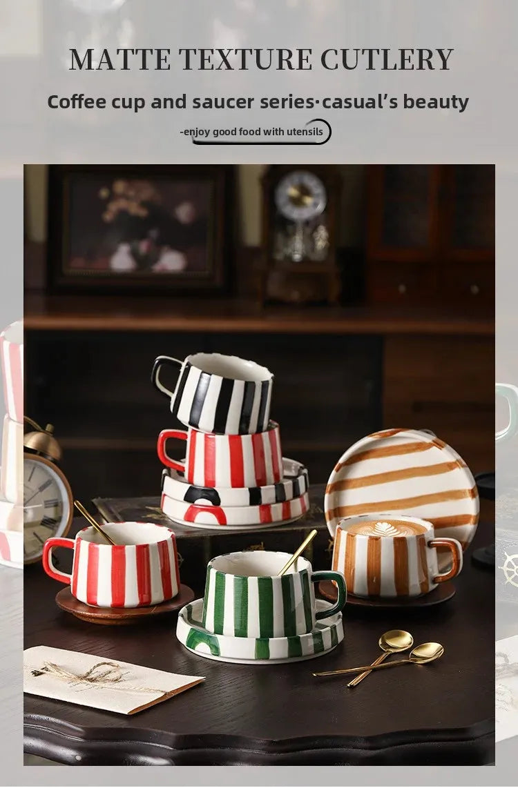 Conjunto de xícara de café cerâmica listrada criativa, para escritório, chá da tarde, latte fino, presente artesanal, combinação de xícara e prato