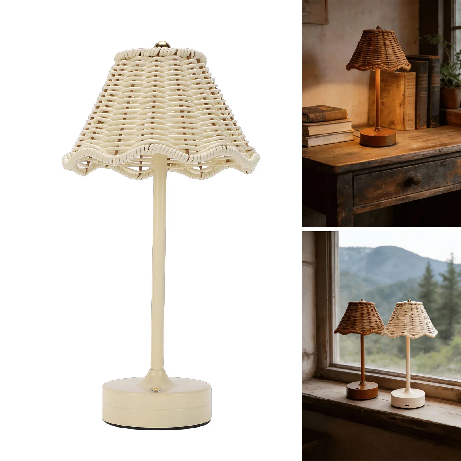 Luminária de Mesa Vintage LED de Rattan com 3 Cores, Abajur de Vime Sem Fio, Luz Noturna de Cabeceira com Brilho Ajustável para Quarto