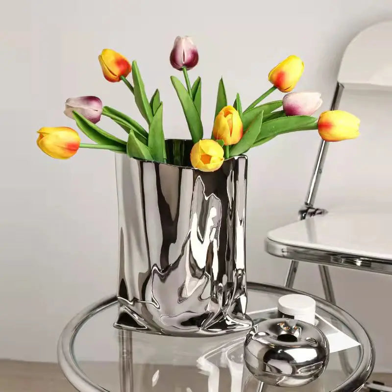 Prata ruffled flor vaso de cerâmica porcelana arranjo flor decoração saco forma terrário vasos decoração para casa