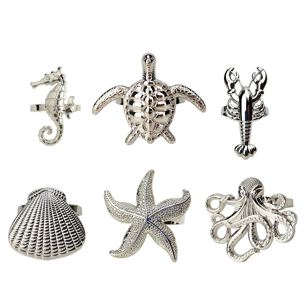 Kit 6 Anéis de Guardanapo Temáticos | Criaturas do Mar | Decoração Náutica