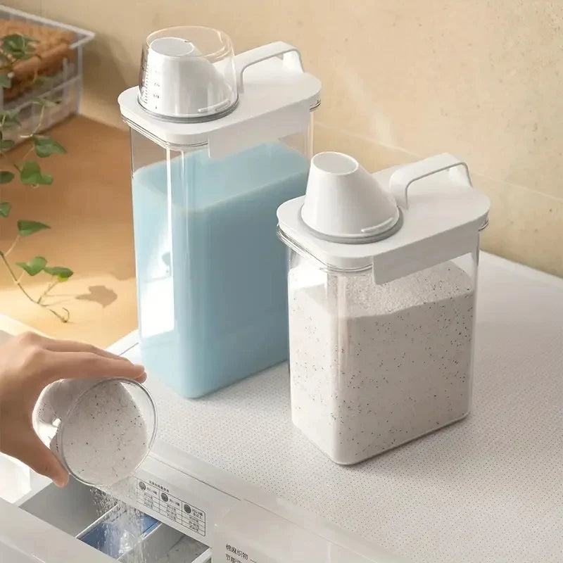 Dispensador hermético de detergente para roupas, caixa de armazenamento de pó, recipiente transparente para líquidos com tampas, jarra