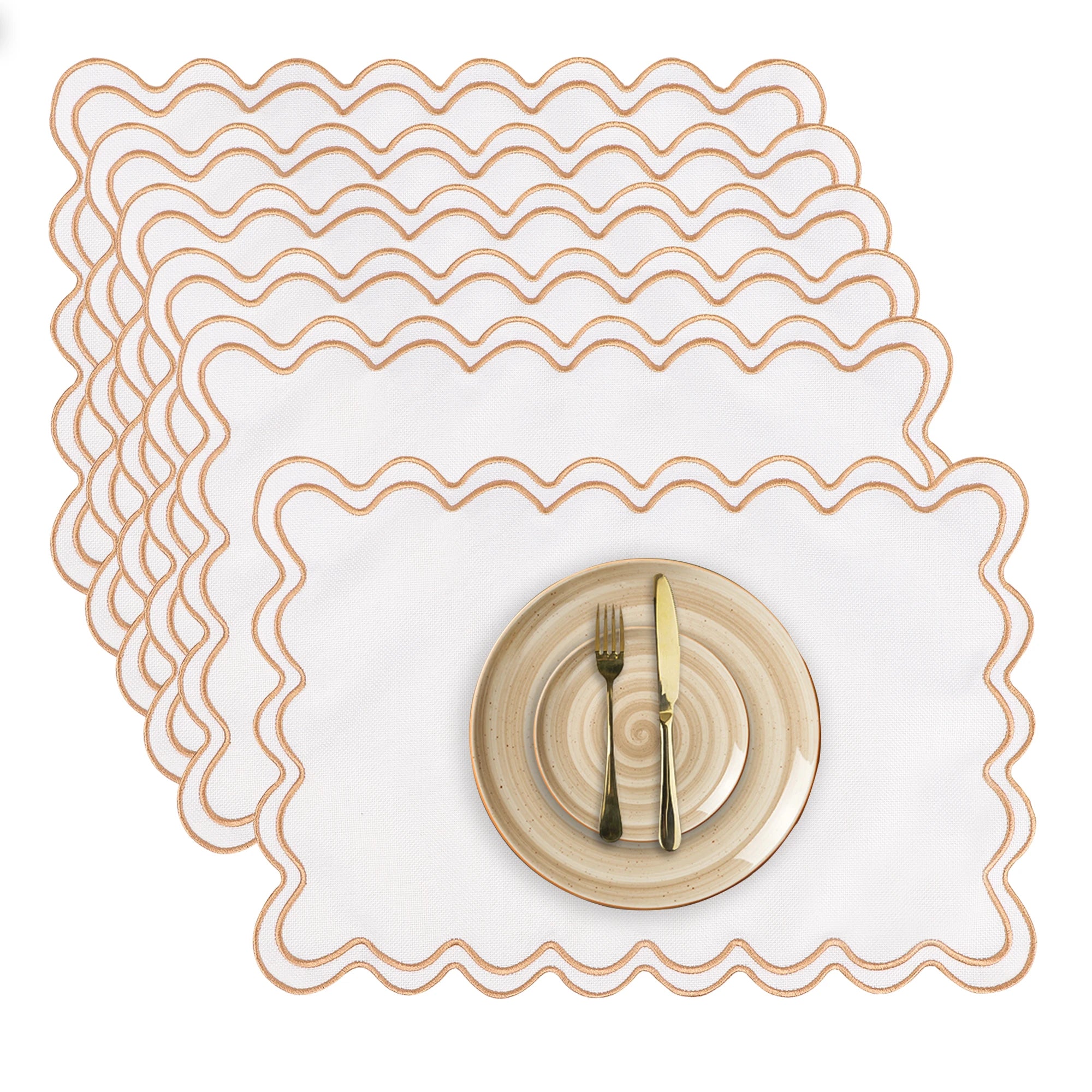Conjuntos americanos de linho de algodão, conjunto de 6, 13 ''x 19'' bordados ondulados, placemats recortados, laváveis, rústicos, à prova d'água, para jantar