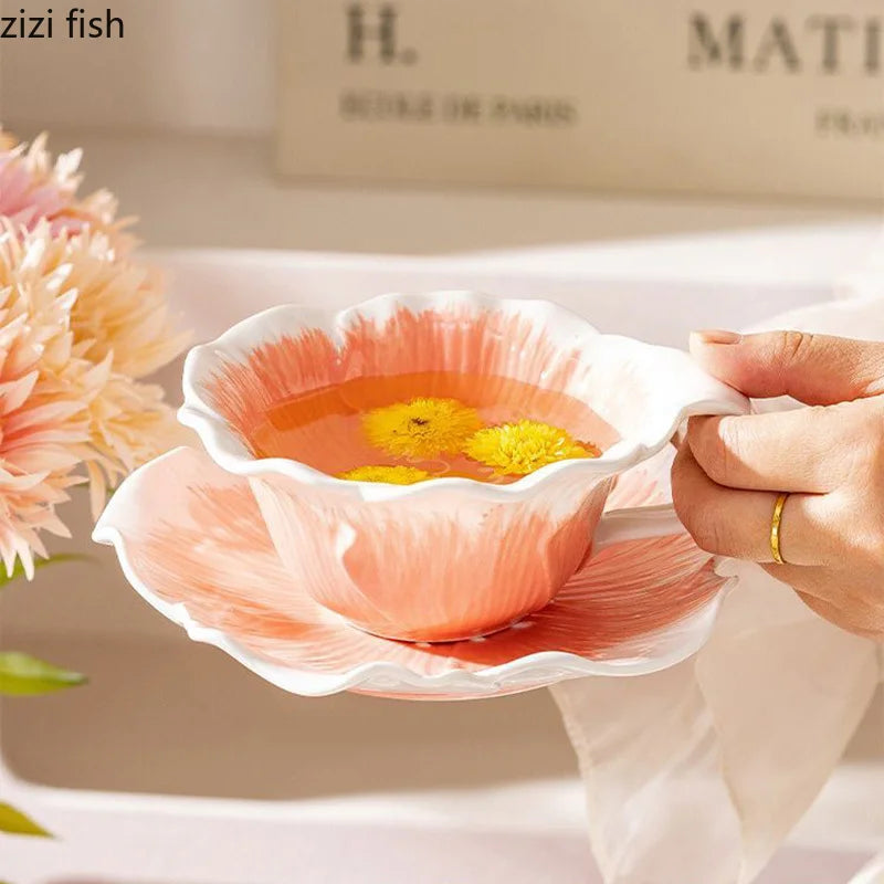 Caneca de Cerâmica Floral Pintada à Mão 300ml | Com Pires