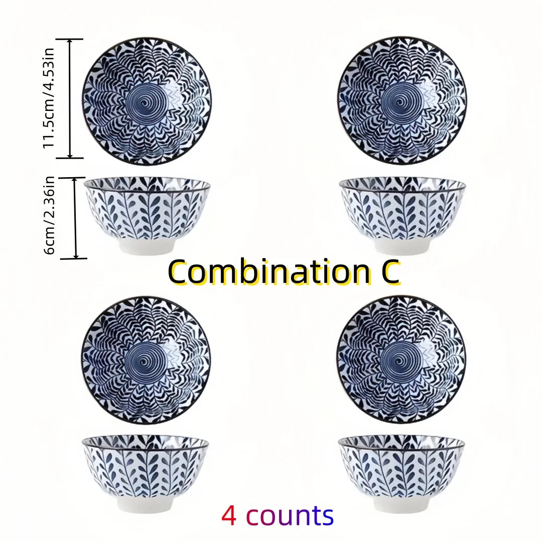 Tigela de cerâmica japonesa azul e branca pintada à mão de 4,5 polegadas, tigela de arroz estilo retrô para uso doméstico.