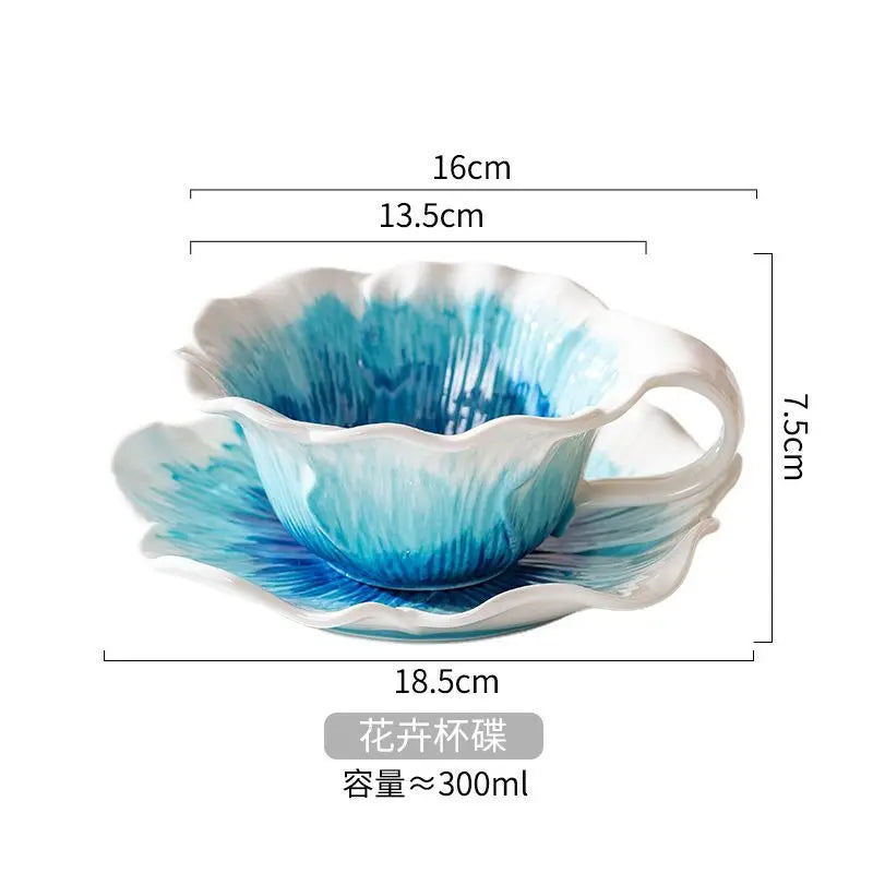 Caneca de Cerâmica Floral Pintada à Mão 300ml | Com Pires