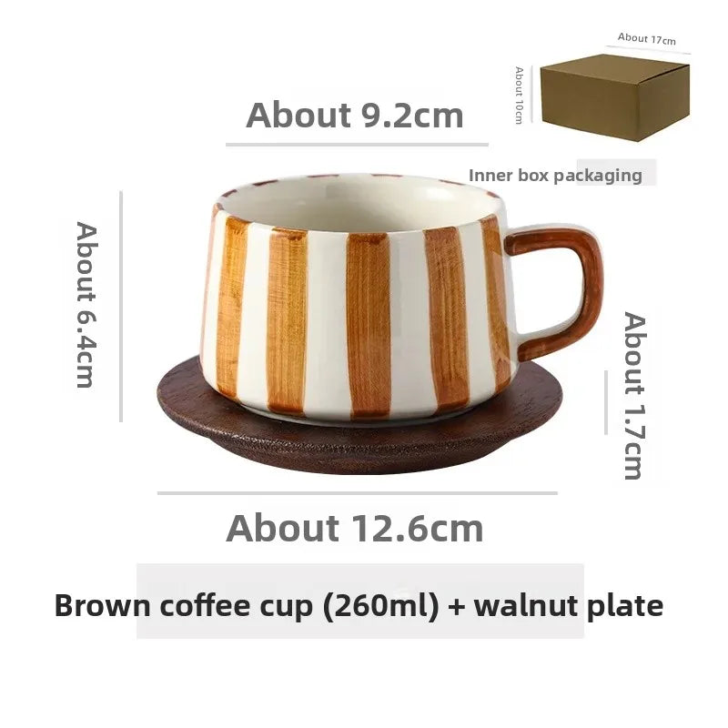Conjunto de xícara de café cerâmica listrada criativa, para escritório, chá da tarde, latte fino, presente artesanal, combinação de xícara e prato