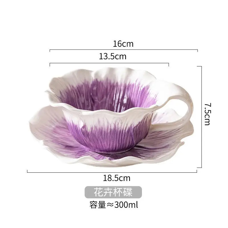 Caneca de Cerâmica Floral Pintada à Mão 300ml | Com Pires