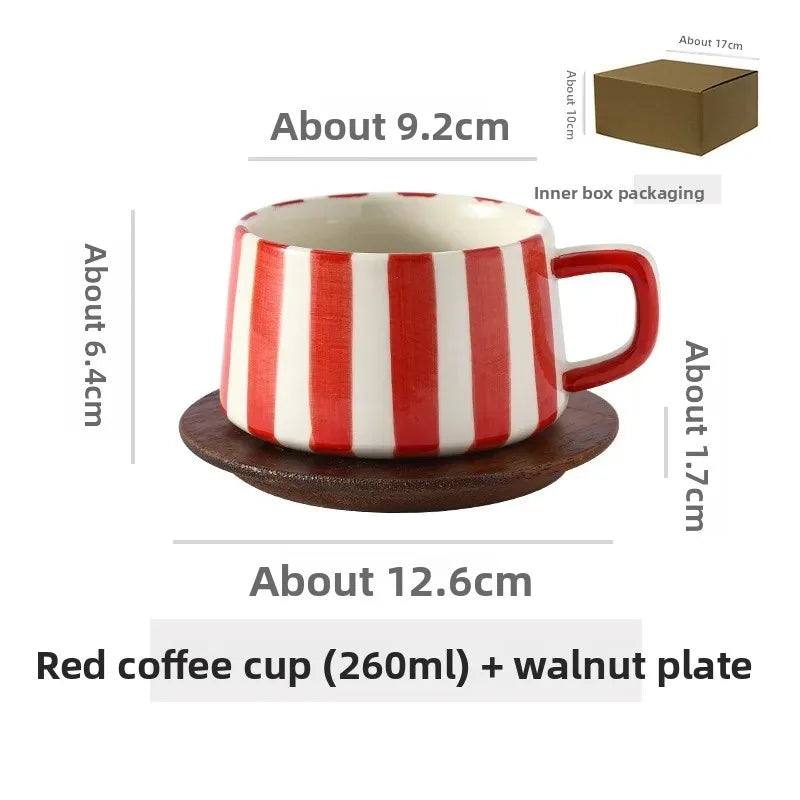 Conjunto de xícara de café cerâmica listrada criativa, para escritório, chá da tarde, latte fino, presente artesanal, combinação de xícara e prato