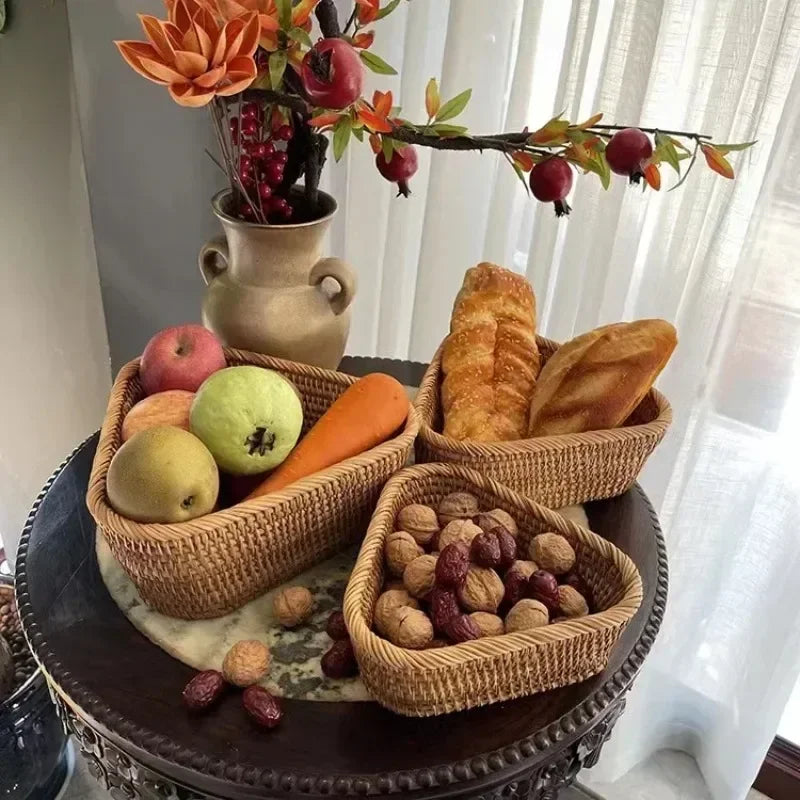 Cesta de vime retangular tecida à mão, frutas, chá, lanche, pão, piquenique, caixa de armazenamento de cosméticos, suprimentos de cozinha, ferramentas domésticas