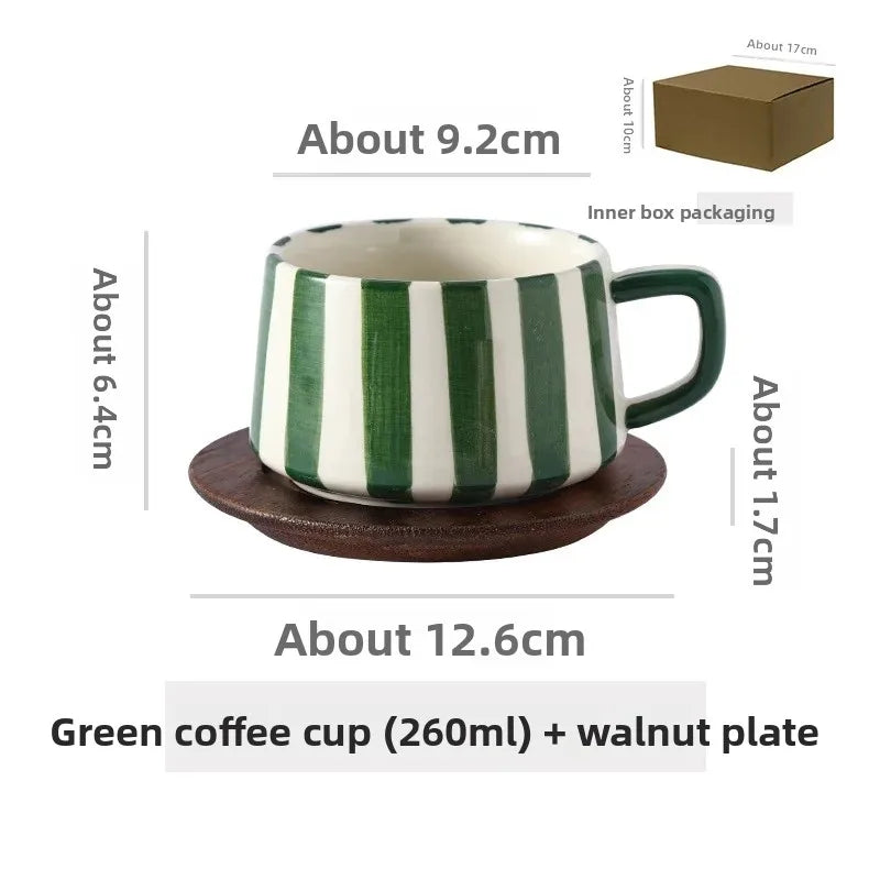 Conjunto de xícara de café cerâmica listrada criativa, para escritório, chá da tarde, latte fino, presente artesanal, combinação de xícara e prato