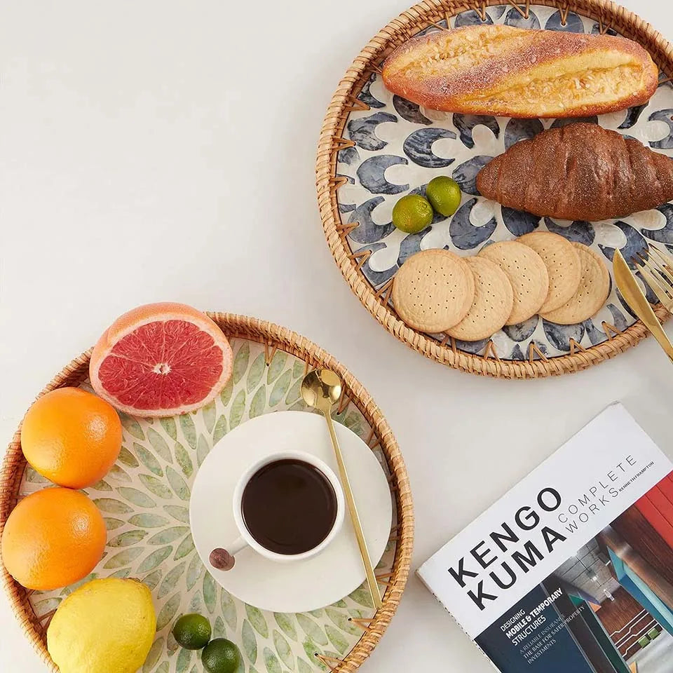 Bandeja redonda de vime com incrustação de madrepérola, bandeja de servir de vime, base de madeira, armazenamento e exibição de café, pão, comida, frutas