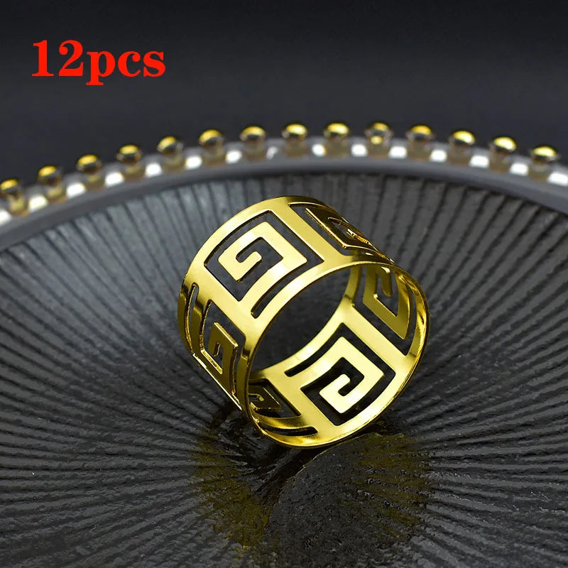 3/6/12 pçs estilo europeu guardanapo anel pano guardanapo fivela padrão oco servindo guardanapos ouro e prata decoração de mesa de casamento