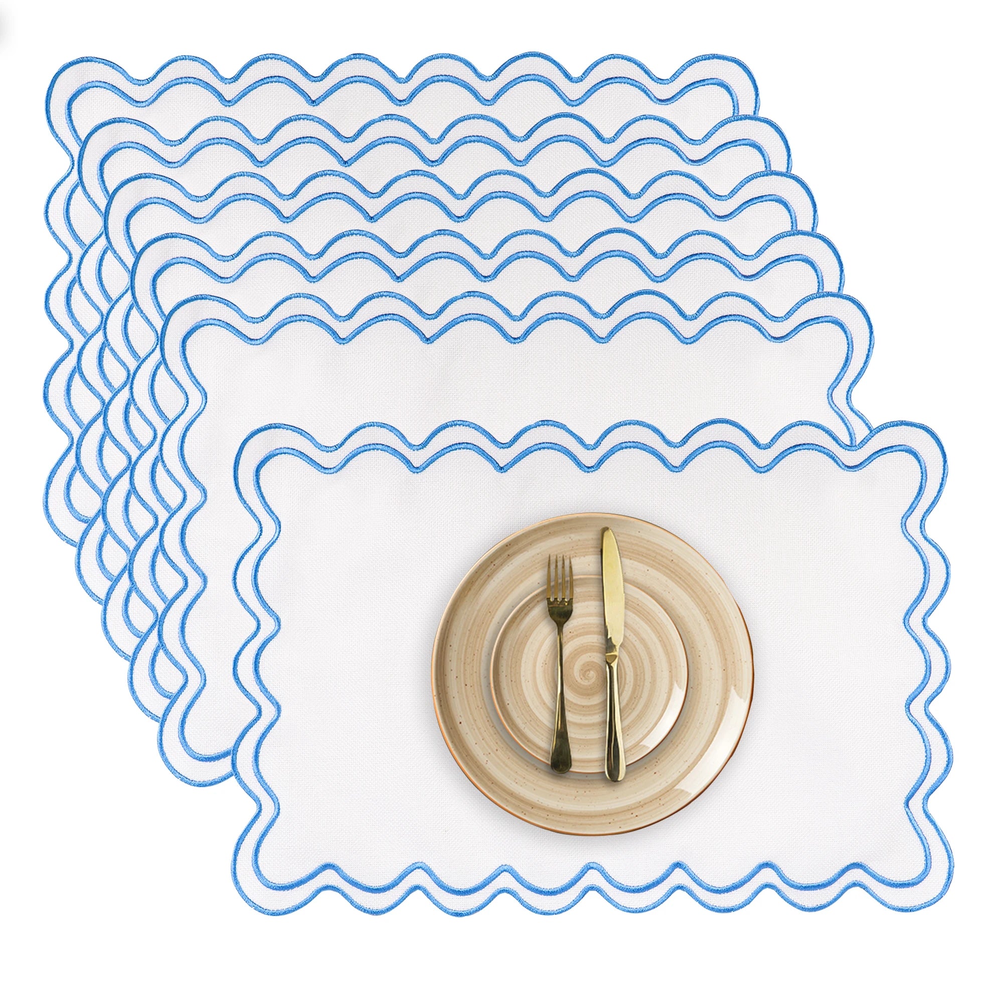 Conjuntos americanos de linho de algodão, conjunto de 6, 13 ''x 19'' bordados ondulados, placemats recortados, laváveis, rústicos, à prova d'água, para jantar