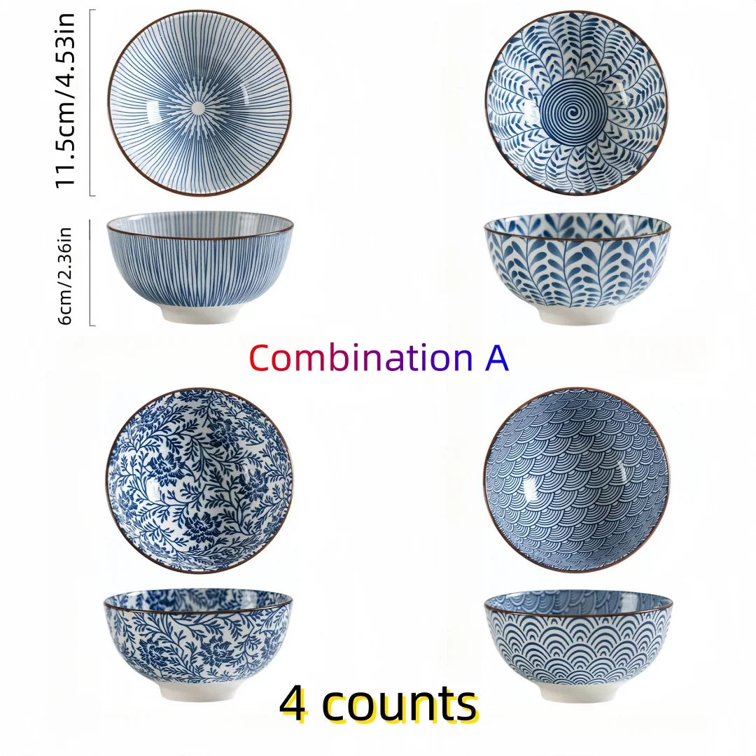 Tigela de cerâmica japonesa azul e branca pintada à mão de 4,5 polegadas, tigela de arroz estilo retrô para uso doméstico.