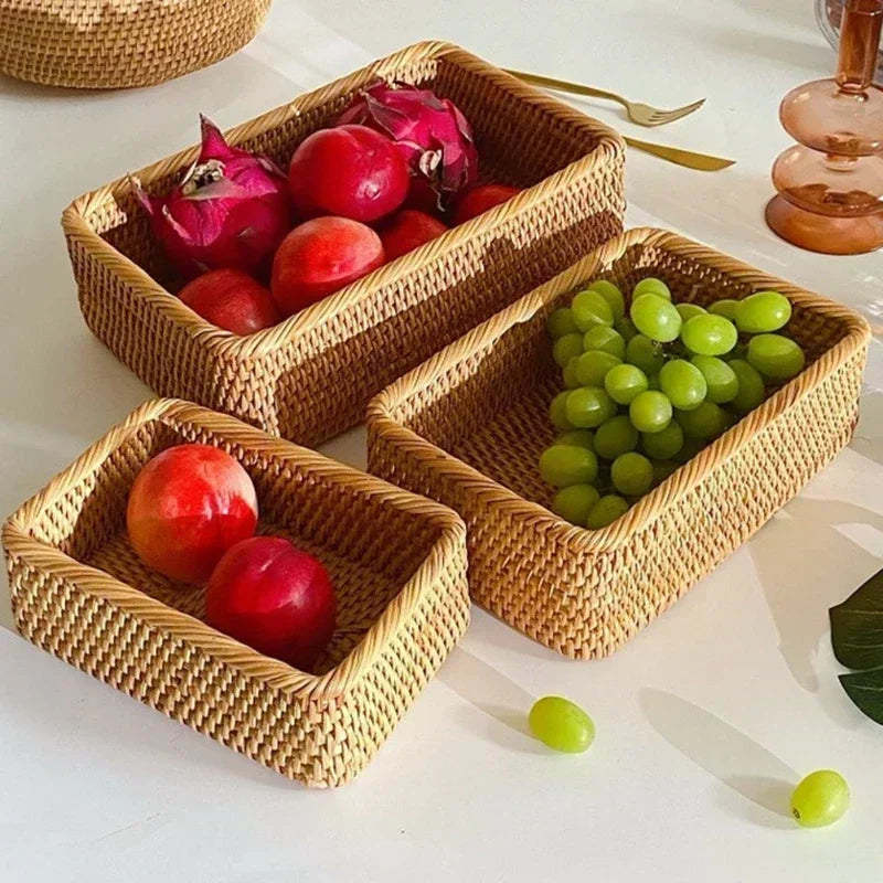 Cesta de vime retangular tecida à mão, frutas, chá, lanche, pão, piquenique, caixa de armazenamento de cosméticos, suprimentos de cozinha, ferramentas domésticas