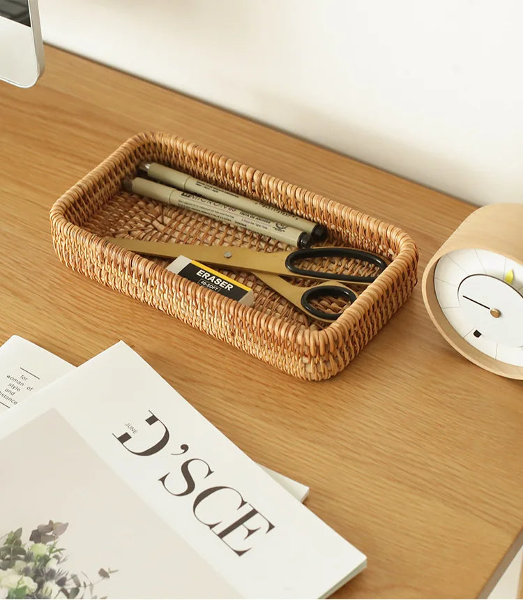 Cesta de armazenamento de vime tecida à mão bandeja de vime quadrada cesta de piquenique pão prato de comida bolo de frutas, caixa de artigos diversos, decoração de mesa de casa
