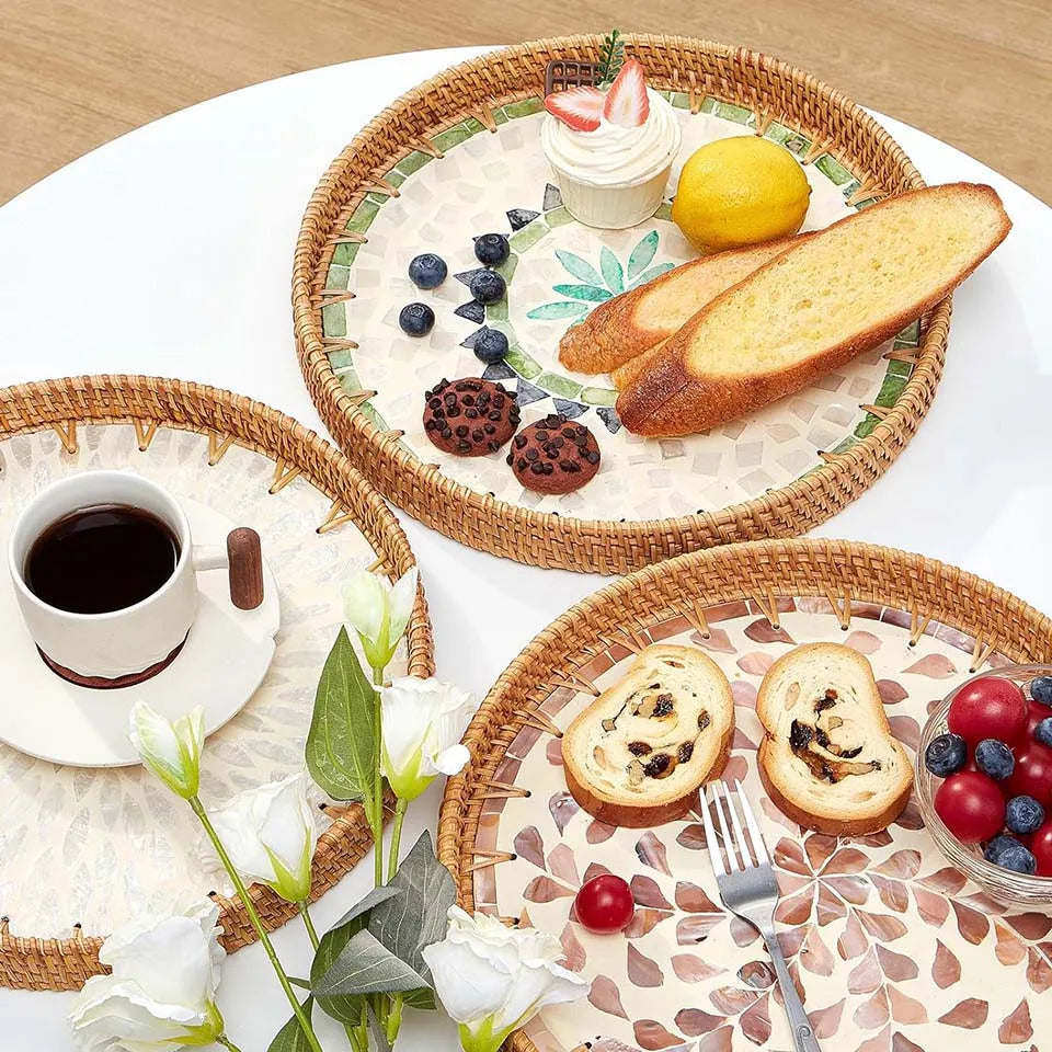Bandeja redonda de vime com incrustação de madrepérola, bandeja de servir de vime, base de madeira, armazenamento e exibição de café, pão, comida, frutas