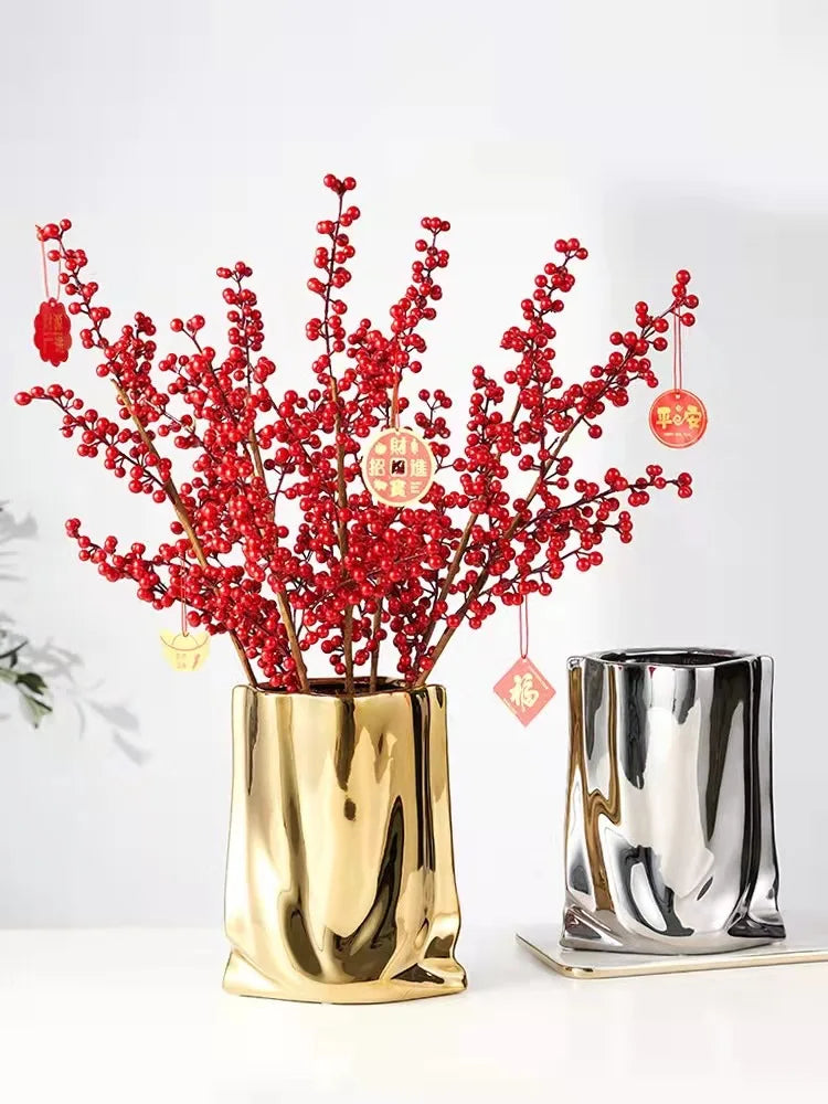 Prata ruffled flor vaso de cerâmica porcelana arranjo flor decoração saco forma terrário vasos decoração para casa