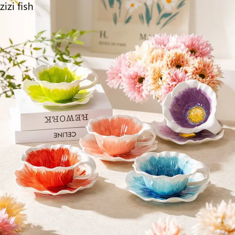 Caneca de Cerâmica Floral Pintada à Mão 300ml | Com Pires