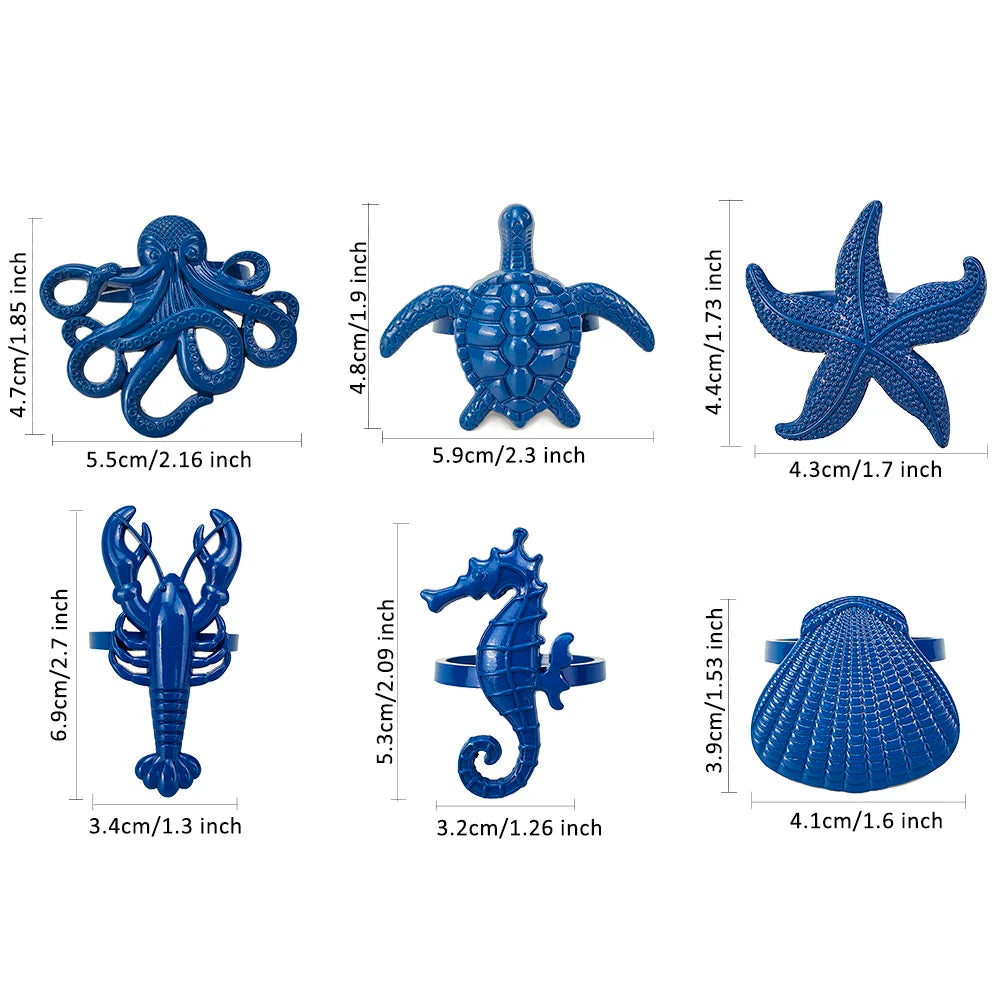 Criaturas do mar costeiro guardanapo de metal anéis 6 pçs azul náutico guardanapo suportes para casa decoração mesa jantar banqu