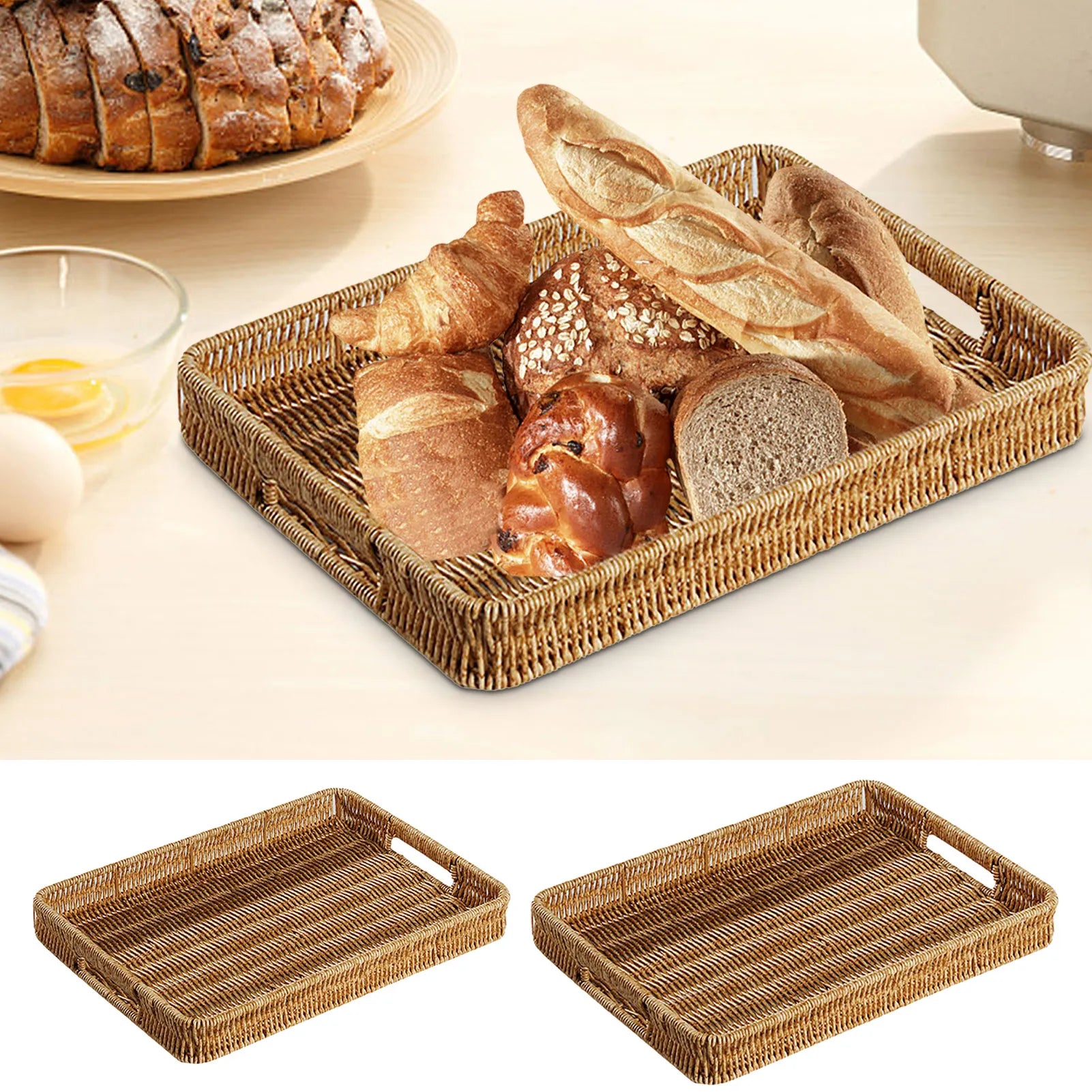 Bandeja Retangular de Rattan com Alças Cesta De Tecido De Vime, Bandeja De Banheiro, Cestas De Pão, Cesta De Armazenamento Para Festas